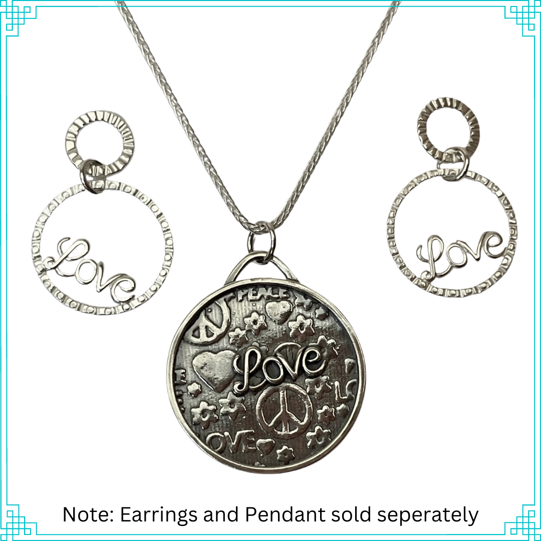 Sleeping Fox silver jewelry pendant with Peace and Love background and raised Love script lettering, hanging from 18' wheat chain. Also pictured is Love Earrings.