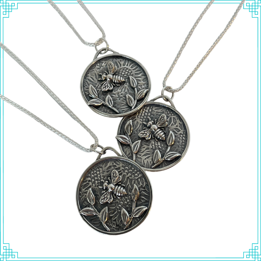 Sleeping Fox handmade silver jewelry bees and leaves pendant with 18' silver wheat chain.