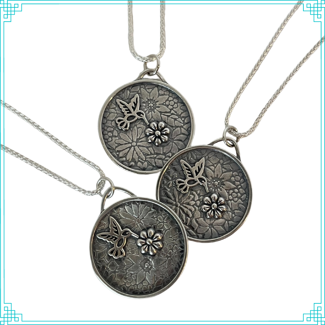 Sleeping Fox handmade silver jewelry hummingbird drinking flower-nectar pendant with sterling silver 18' wheat chain.