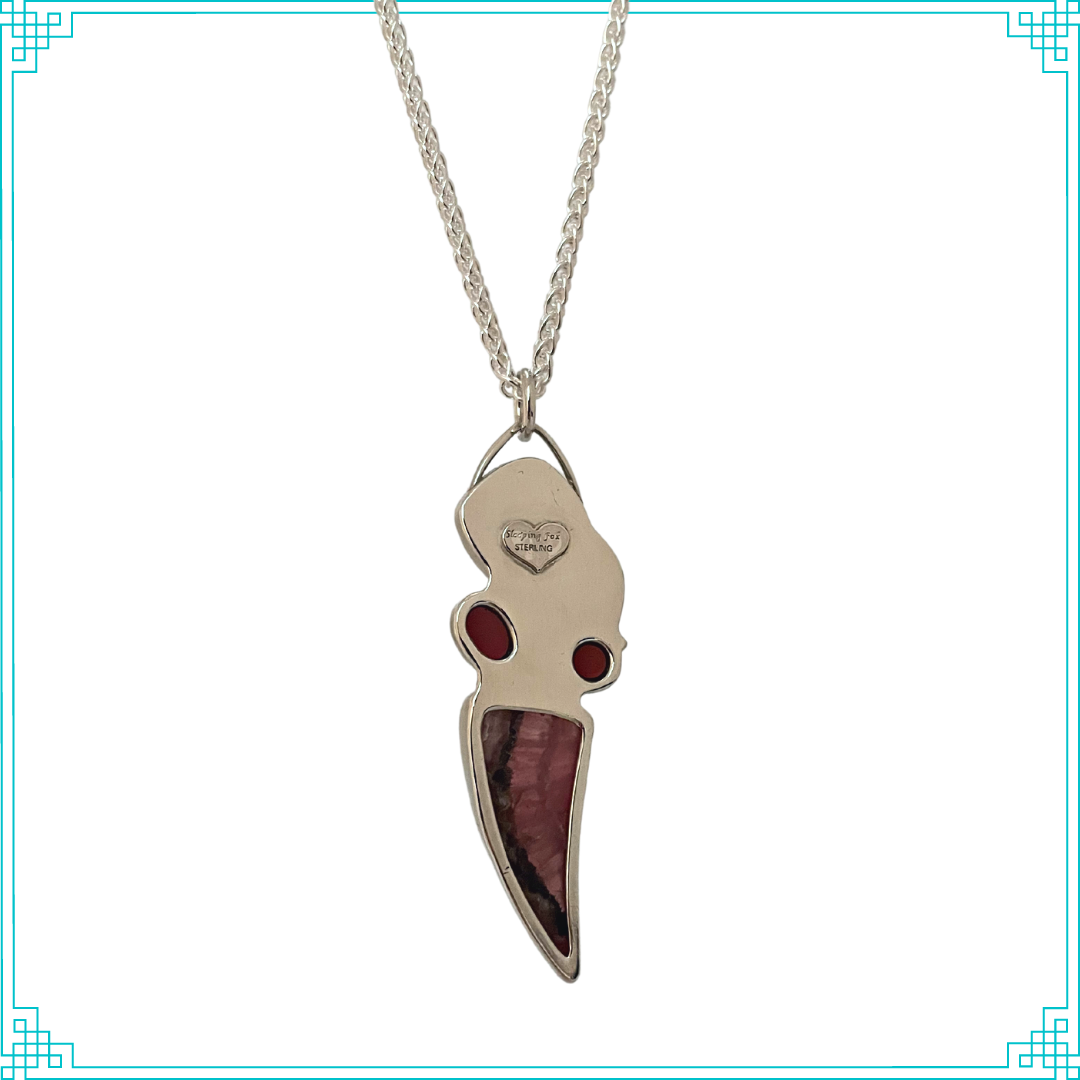 Sleeping Fox quality handmade sterling silver jewelry presents Ms Mermaid Pendant flowing with the current.The top stone is Brazilian Agate drusy, bottom stone is Rhodochrosite and the two red stones are semi-precious rubellite.