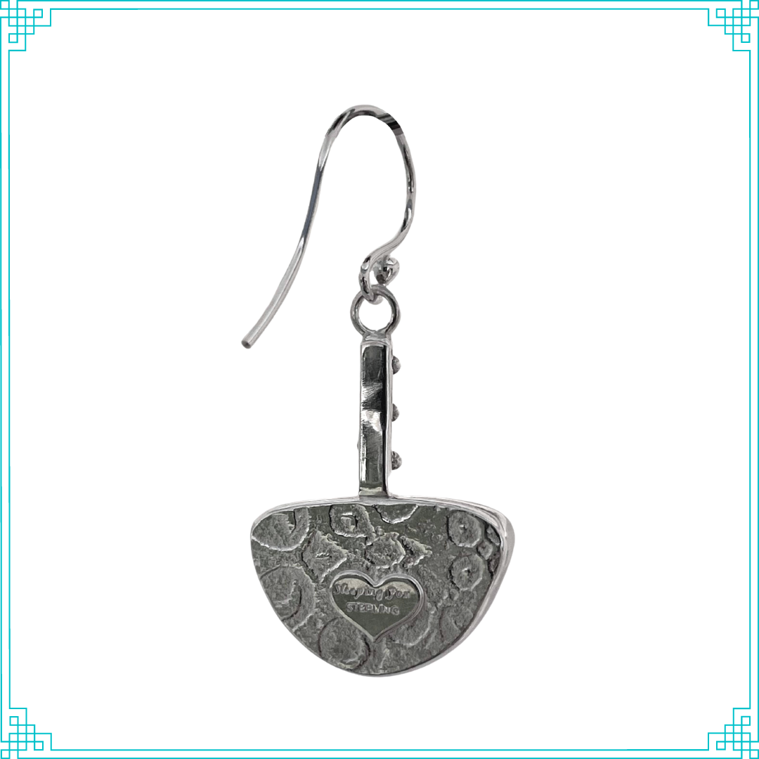 Sleeping Fox quality handmade jewelry presents sterling silver Petrified Wood Opal Drops.The fine silver textured backing and sterling silver triangle wires with soldered silver balls complete this design. These earrings hang from hand made sterling silver ear wires.