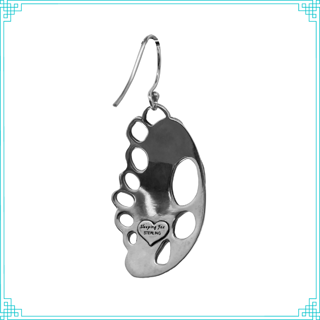 Sleeping Fox handmade silver jewelry presents Silver Doily Earrings. This is the back of the earrings, where only one layer of cut-outs are visible. Earring hangs from a handmade earwire.