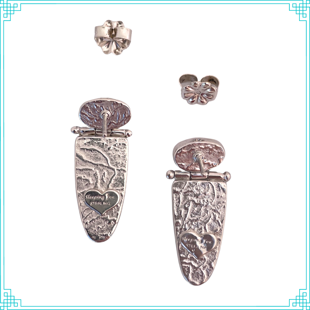 Sleeping Fox quality handmade sterling silver jewelry presents Surfside Earrings. The backsides have a random pattern and the earrings hang from a sterling post. Large sterling silver Ear Nuts are standard with all post earrings.