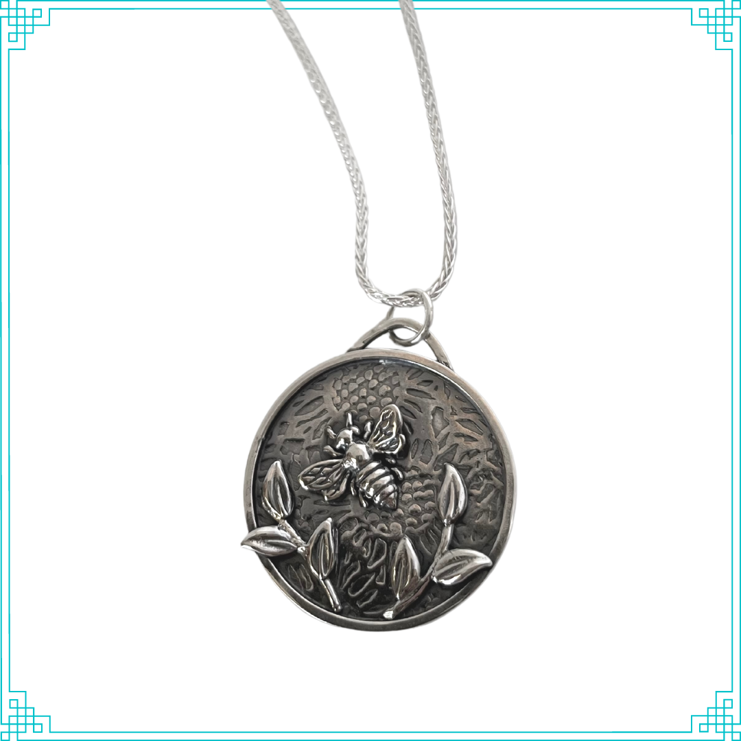 Sleeping Fox handmade silver jewelry bees and leaves pendant with 18' silver wheat chain.
