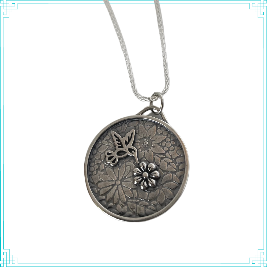 Sleeping Fox handmade silver jewelry hummingbird drinking flower-nectar pendant with sterling silver 18' wheat chain.