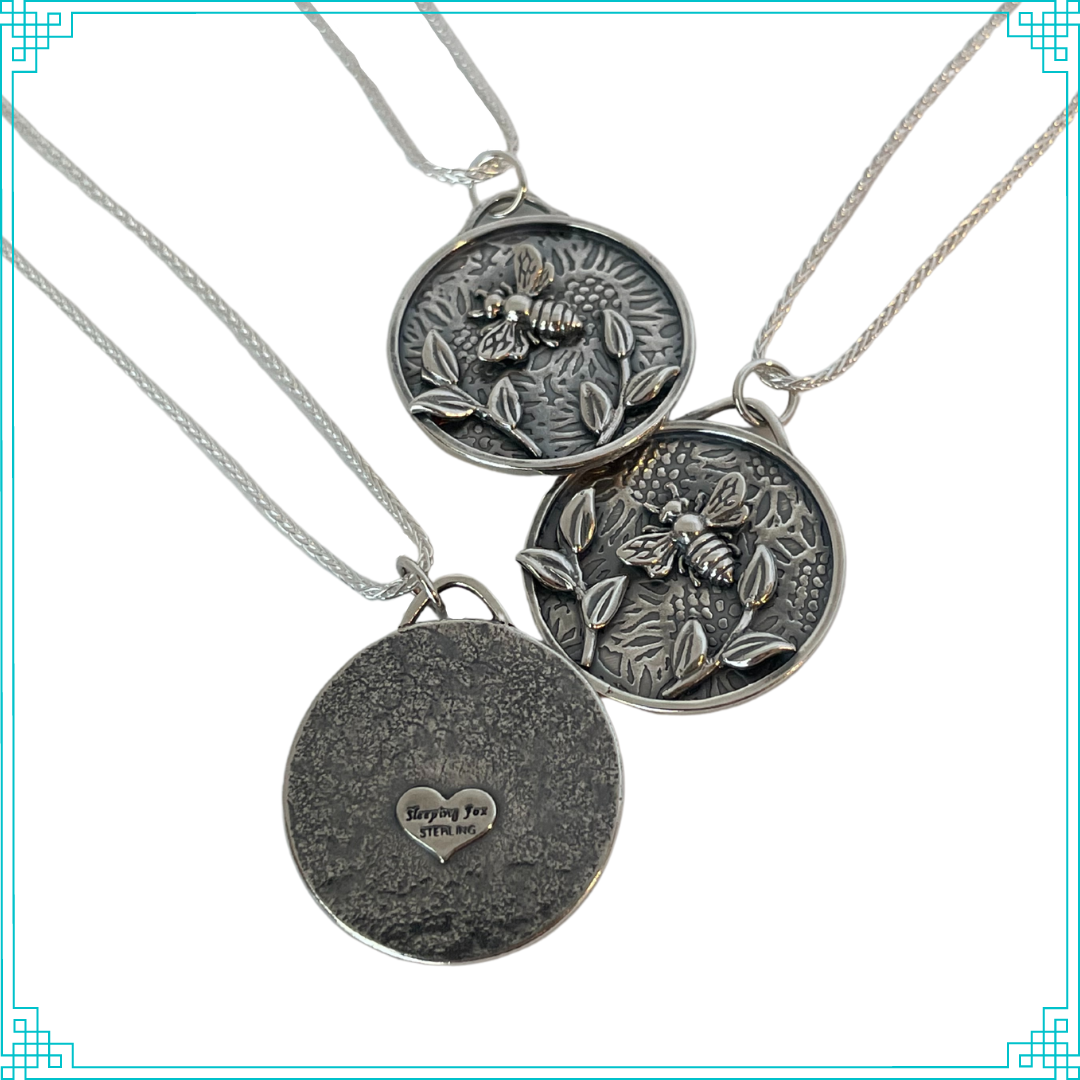 Sleeping Fox handmade silver jewelry bees and leaves pendant with 18' silver wheat chain (front and back sides).