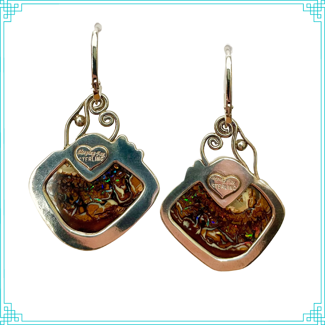 Sleeping Fox handmade silver jewelry earrings with Yowah Nut opals hanging from lever back ear wires (back side of earrings).