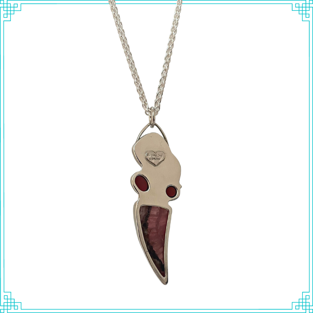 Sleeping Fox quality handmade sterling silver jewelry presents Ms Mermaid Pendant flowing with the current.The top stone is Brazilian Agate drusy, bottom stone is Rhodochrosite and the two red stones are semi-precious rubellite. 